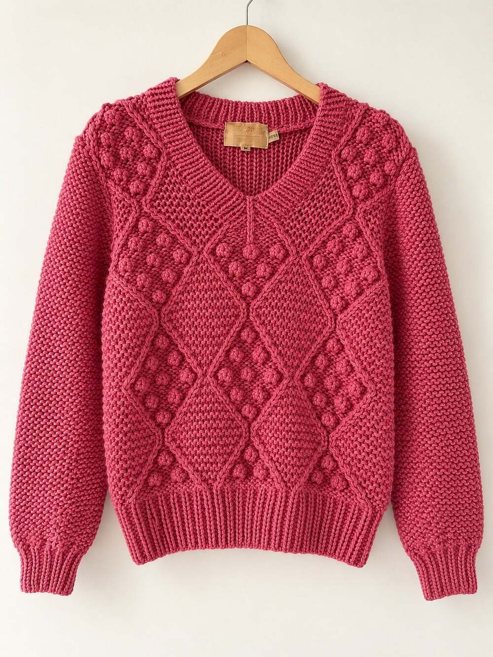 Vintage 80s Pink Chunky Cable Knit Bobble Sweater Made in Korea Women's M